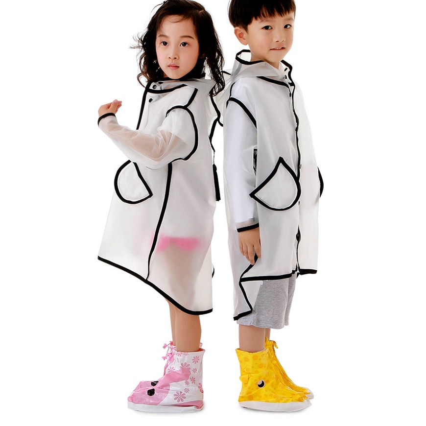 ♛Áo Mưa Trong Suốt EVA Dáng Dài Có Mũ Trùm Phối Tua Rua Kiểu Nhật Hàn Dễ Thương Cho Bé