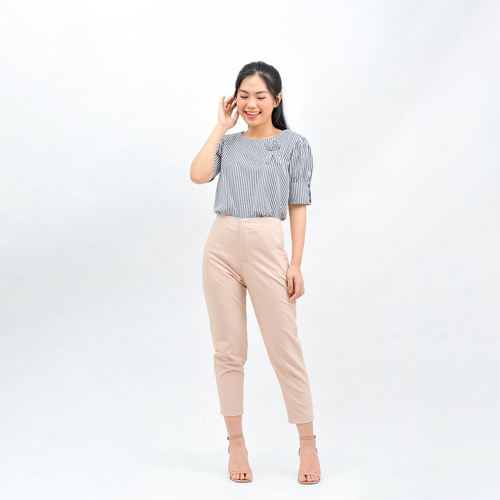 Áo kiểu sơ mi công sở nữ thiết kế thời trang Eden tay ngắn cổ tròn dáng suông kẻ sọc freesize - ASM120