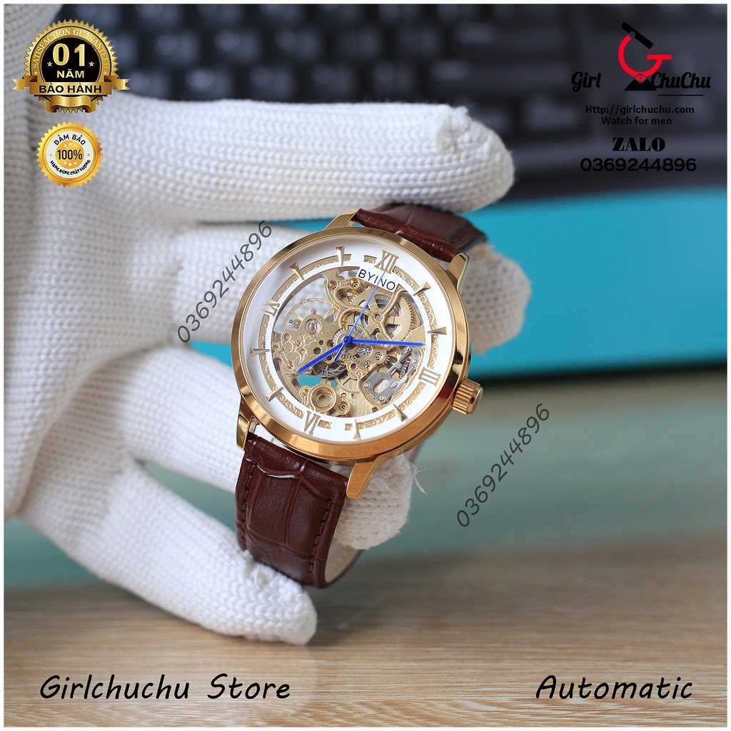 Đồng hồ nam Byino máy cơ 100% chạy tự động hoàn toàn không dùng pin, máy được làm từ thép không gỉ cực bền bỉ