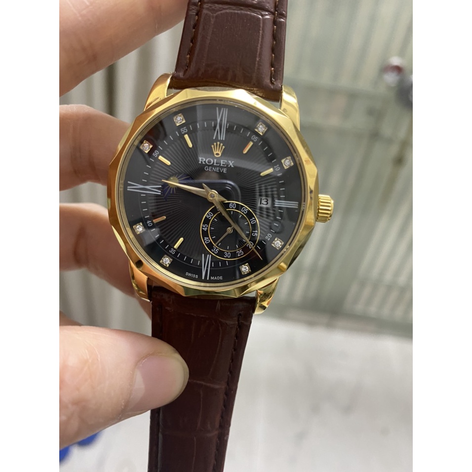 Đồng hồ Nam Rolex trăng sao cơ automatic mặt đen vỏ vàng gold dây da - dây kim loại size 40mm