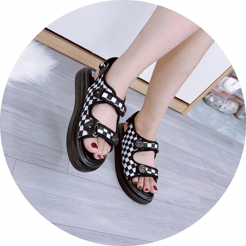 Dép sandal học sinh quai ngang caro quai hậu dán độn đế 2cm