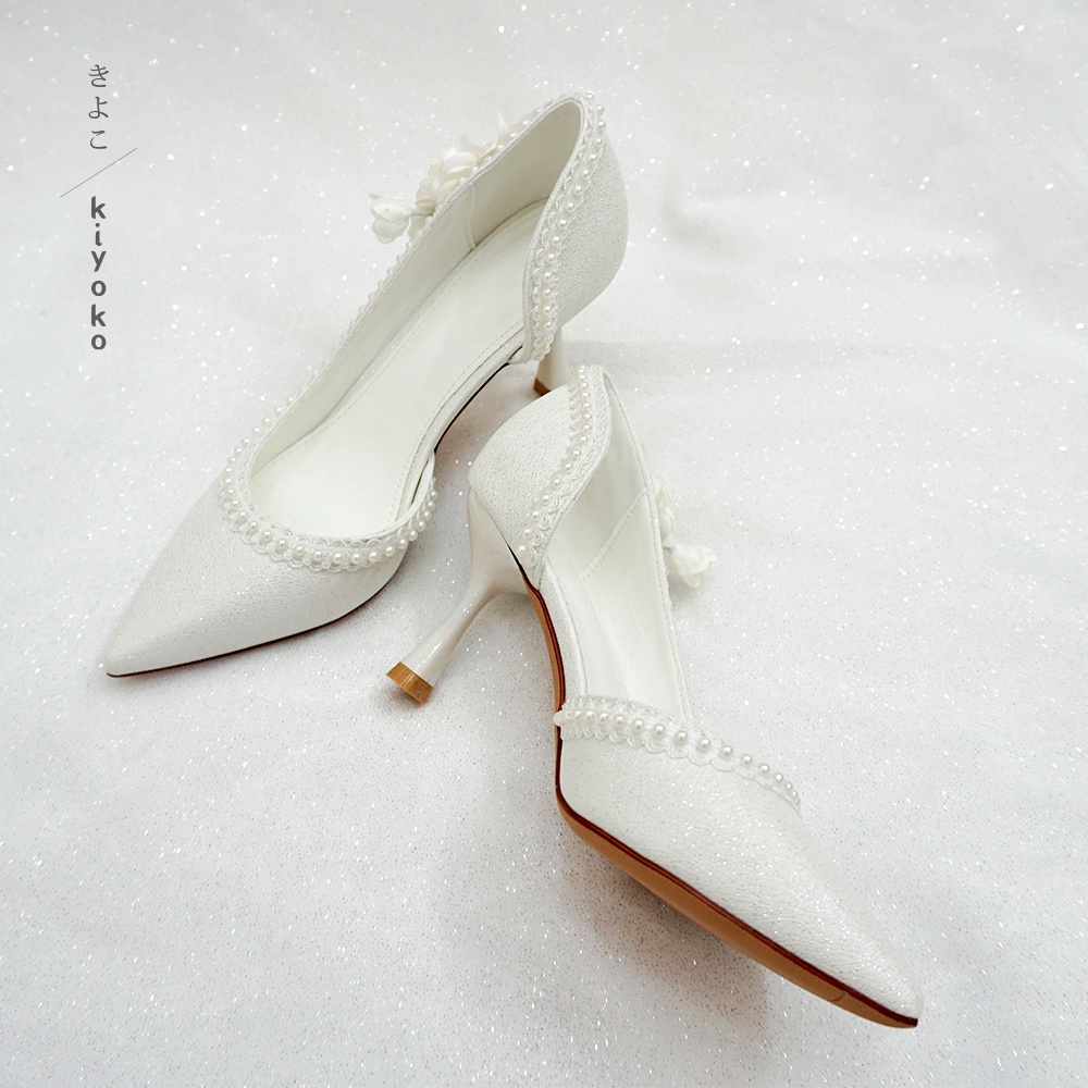 Giày cưới Kiyoko gót nhọn đính viền baby và hoa dễ thương | cao 7cm