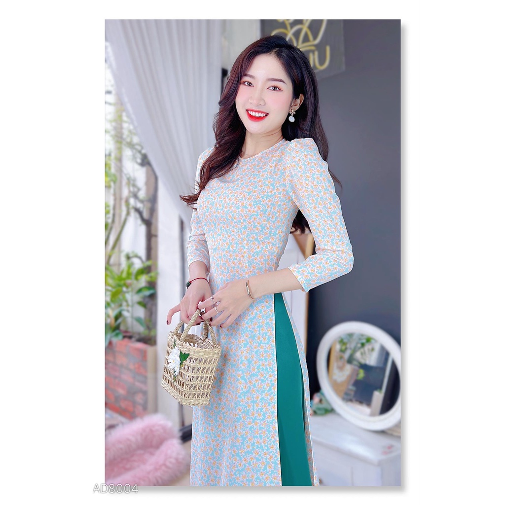 Áo dài nữ cách tân tay phồng họa tiết hoa lá không kèm quần CHUU AD8004