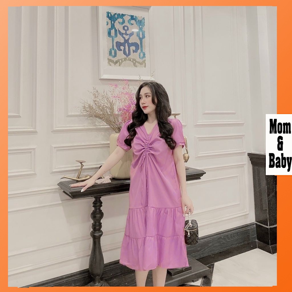 Váy bầu cổ tim rúm ngực M264 chất cát hàn freesize từ 45 đến 70kg
