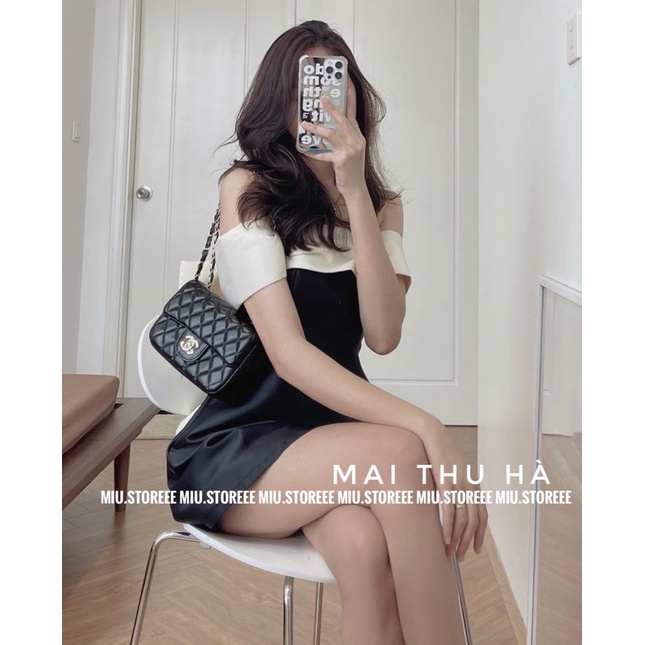 [ẢNH THẬT] VÁY ĐẦM ĐEN TRỄ VAI PHỐI NƠ BE KEM XINHH ĐI TIỆC | BigBuy360 - bigbuy360.vn