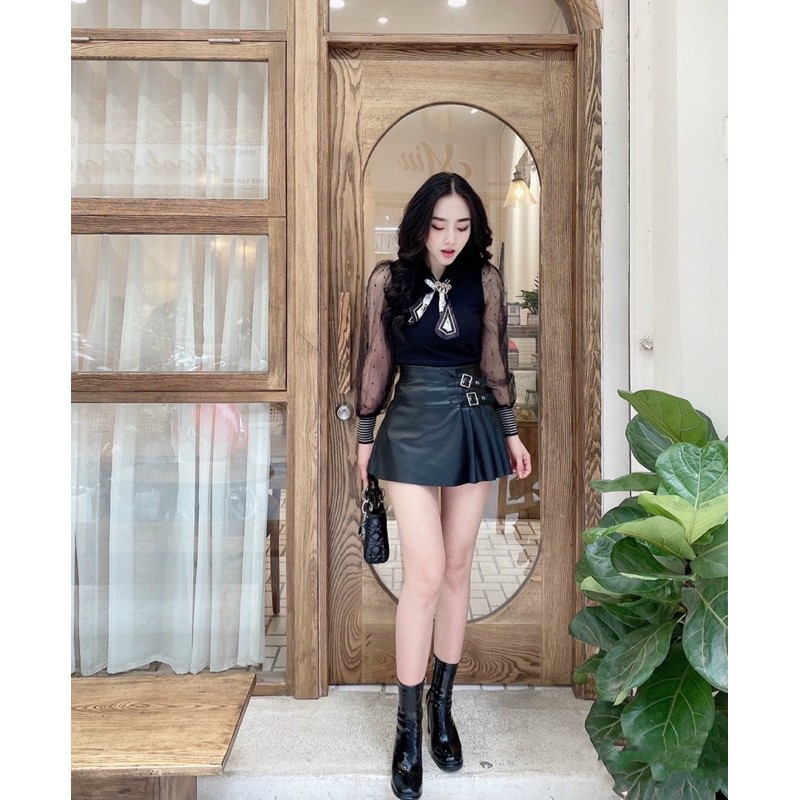 Sơmi kiểu Tiểu Thư Cổ Bẻ Kèm Khăn Phối Voan Kim Tuyến Freesize Hàng Hotgirl Chất Đẹp