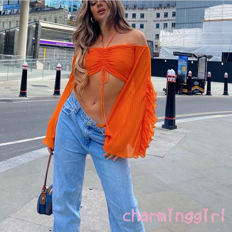 QAQ-Women´s Off Shoulder Short Tops Long Sleeve Halter Neck Solid Color Ruched Crop Tops