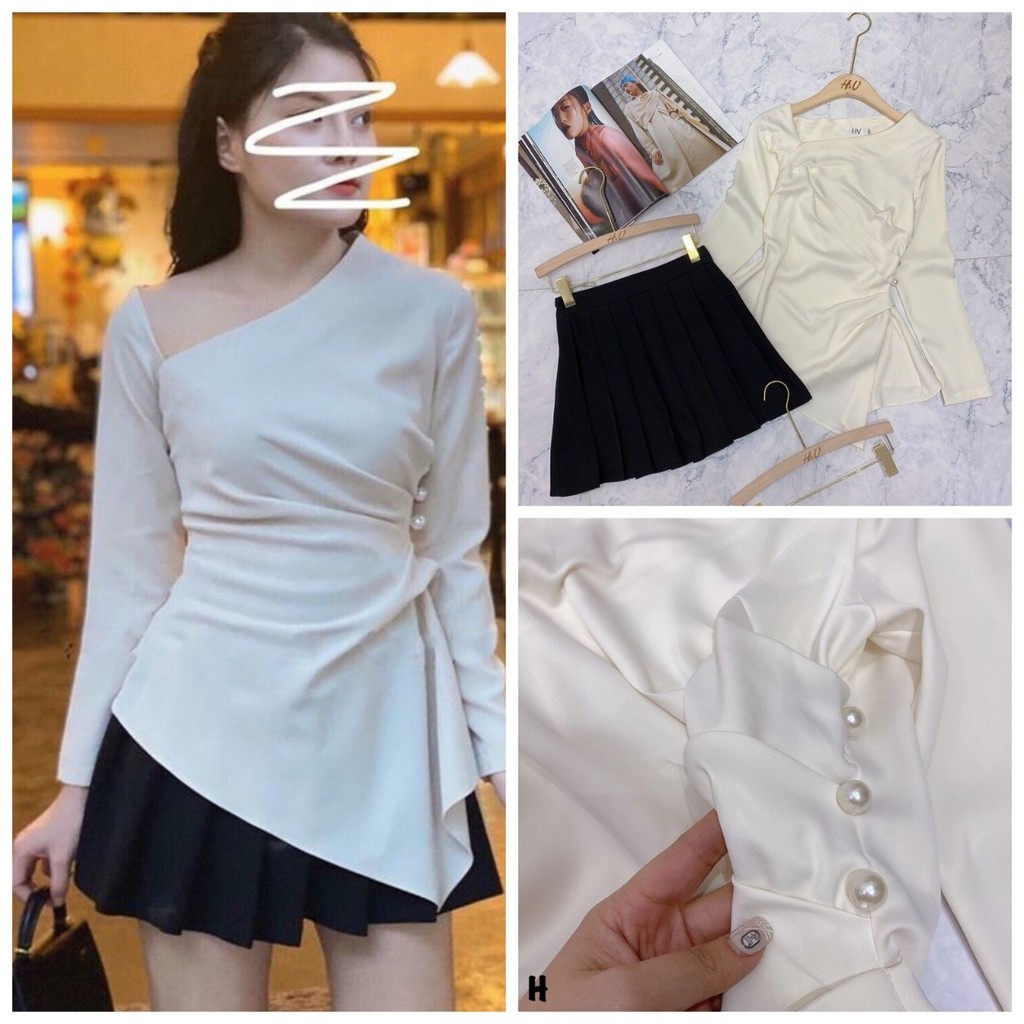 Áo Kiểu Cổ Xéo Vuông Tay Dài Phối Nút (đã kèm ảnh thật) BY8305