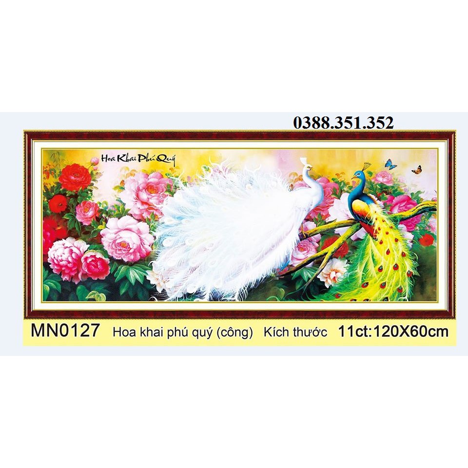 tranh thêu chữ thập cao cấp chim công hoa mẫu đơn kt 120x60cm