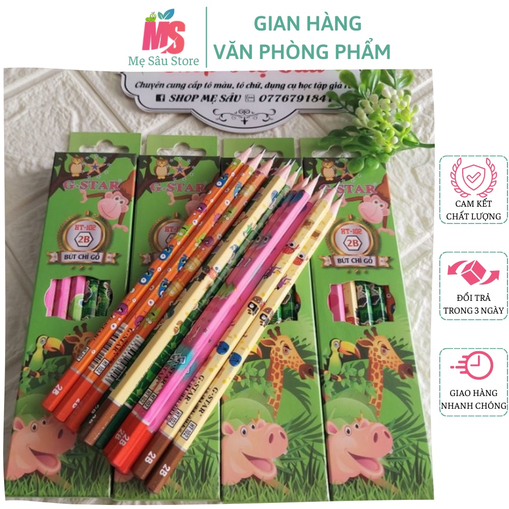 Hộp 12 bút chì 2B hoạt hình ⚡ SIÊU ĐÁNG YÊU ⚡ Cây viết chì HT102 họa tiết dễ thương, màu sắc đa dạng