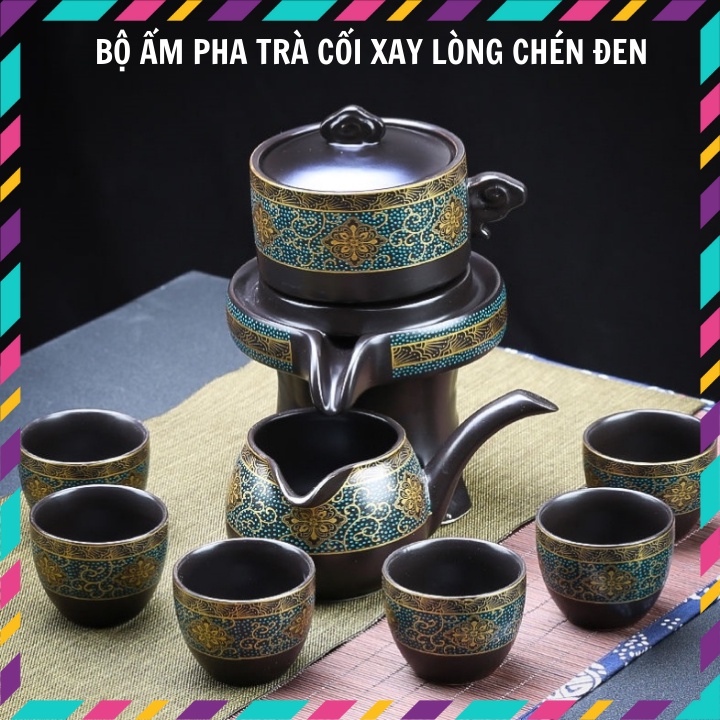 Bộ ấm chén pha trà cối xay hoa văn- 1 ấm trà, 6 chén,1 cối xay