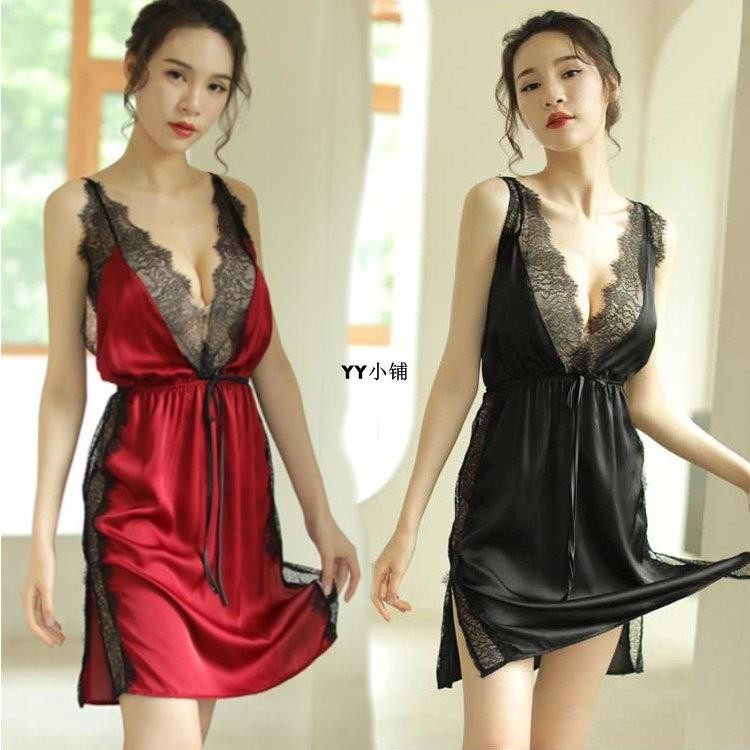 Váy Ngủ Lụa Pha Ren Xẻ Eo Quai Chéo Sexy Gợi Cảm MS5054