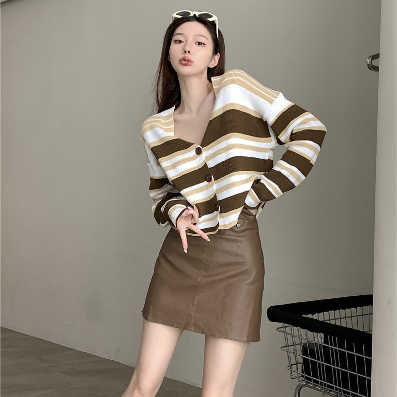 Áo cardigan ZHELIHANGFEI dệt kim tay dài cổ chữ V lưng cao kẻ sọc thiết kế quyến rũ cho nữ