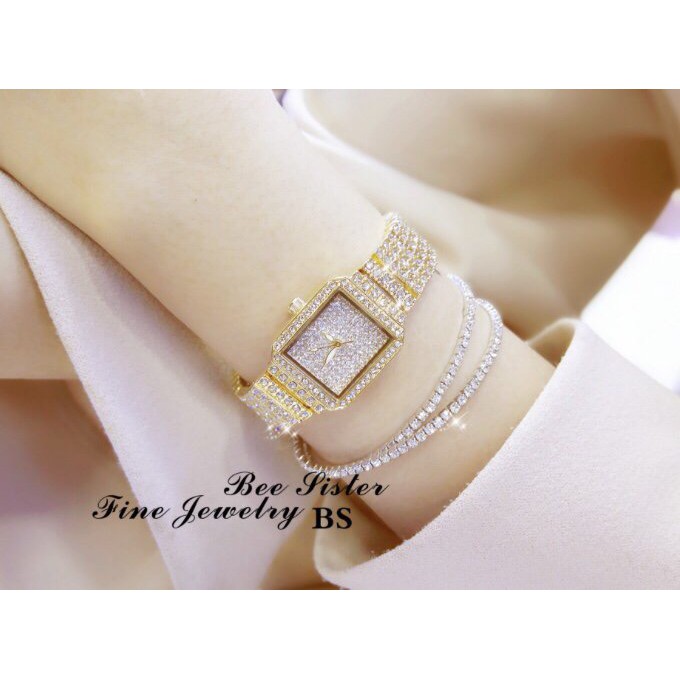 Đồng hồ nữ BeeSister BS dây kim loại mặt Vuông đính full đá style Hàn Quốc + Tặng hộp đồng hồ sang trọng