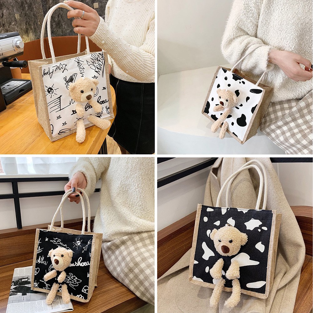 Túi Vải Kiểu Cói Retro Phối Gấu Bông Korea Style
