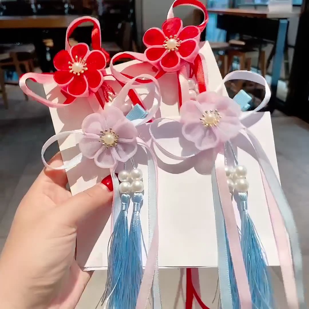 Set 2 Kẹp Tóc Ruy Băng Dài Họa Tiết Hoa Xinh Xắn Cho Bé Gái