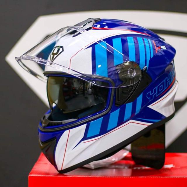 Mũ bảo hiểm 2 kính Fullface Yohe 981 trắng xanh dương