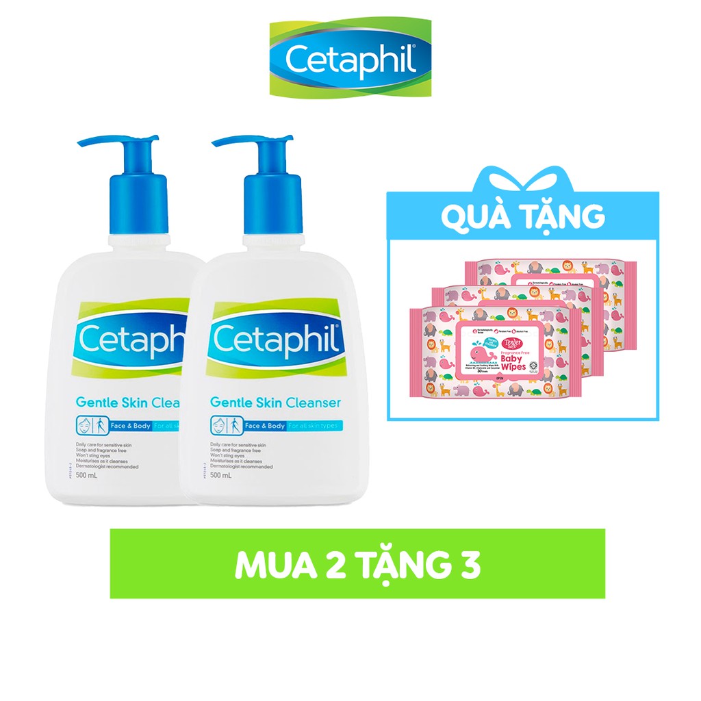 [Tặng 3 gói khăn giấy ướt] Combo 2 sữa rửa mặt Cetaphil Gentle Skin Cleaner 500ml/chai