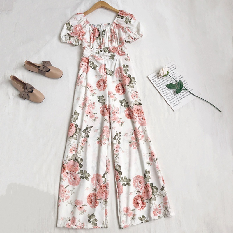 Bộ Áo Liền Quần Tay Ngắn Phồng In Hoa Kiểu Boho Cổ Điển Dễ Thương Cho Nữ