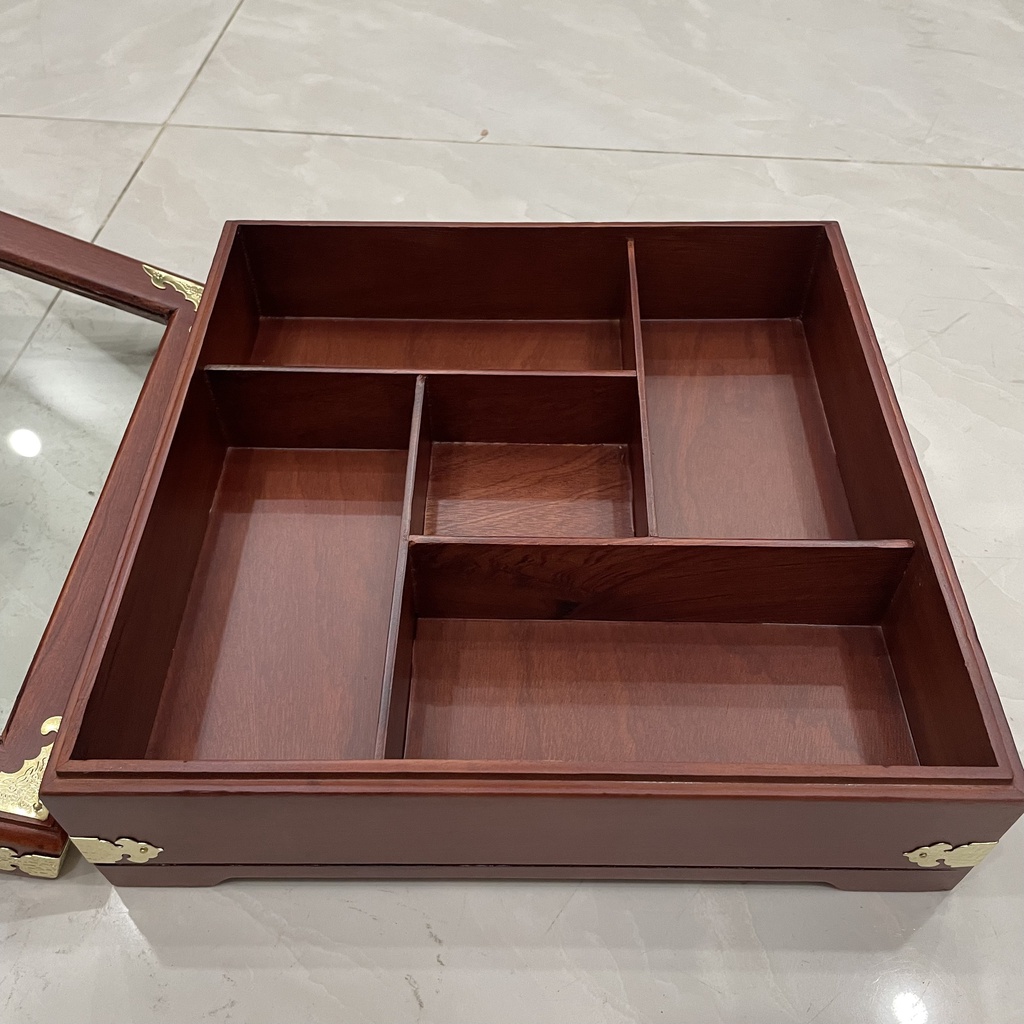 Khay Đựng Bánh Kẹo Ngày Tết bằng Gỗ Hương Cao Cấp Vuông Kính bọc đồng - khay đựng mứt tết bằng gỗ