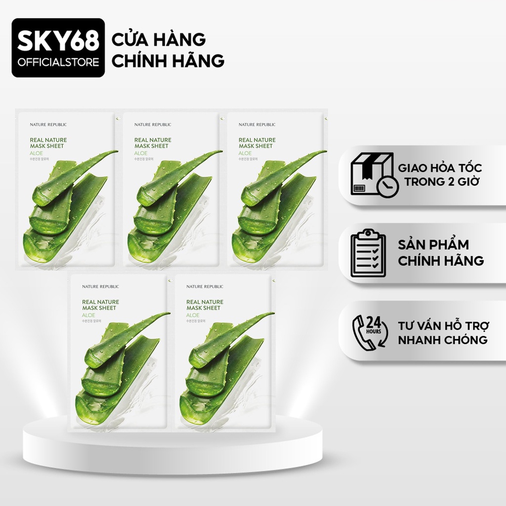 Combo 5 Mặt Nạ Giấy Cấp Ẩm, Làm Dịu Da Nature Republic Real Nature Mask Sheet 23ml x 5 - Aloe