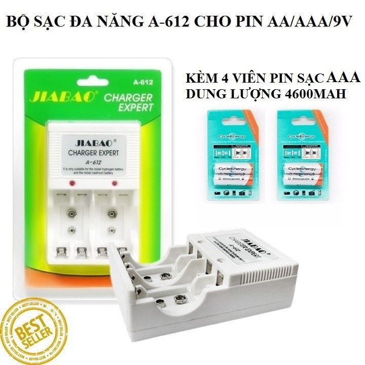 Sạc Pin Đa Năng Jiabao A612 Cho Pin AA-AAA-9V Kèm 4 Viên Pin Sạc AAA