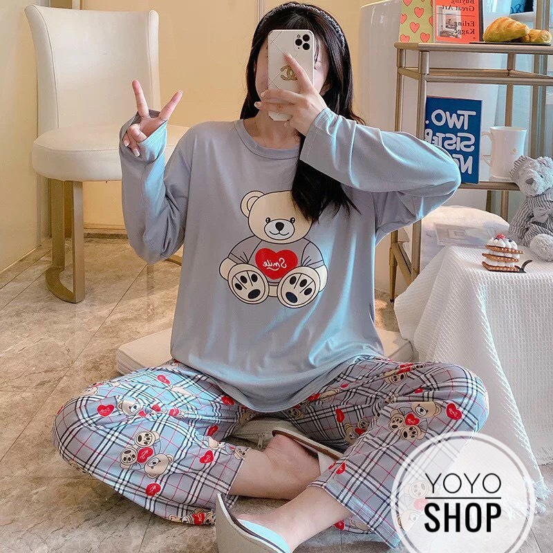 Đồ bộ thun tay dài Quảng Châu, pijama quần dài, đồ mặc ở nhà họa tiết hoạt hình dễ thương thun mềm mịn YoYo | BigBuy360 - bigbuy360.vn
