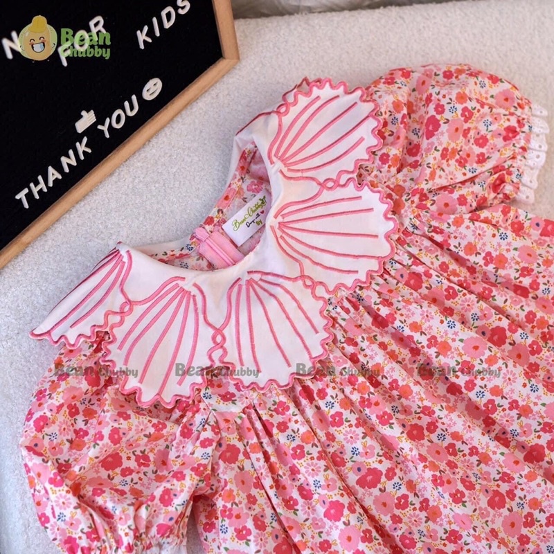 Đầm bé gái babydoll hoa nhí cổ thêu sò