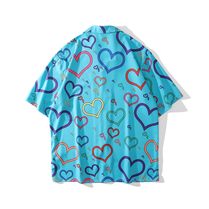 Dark Icon Love Heart Blue Hawaiian Shirt Men Turn-down Collar Vintage Polo Shirt Street Fashion Men' Clothing