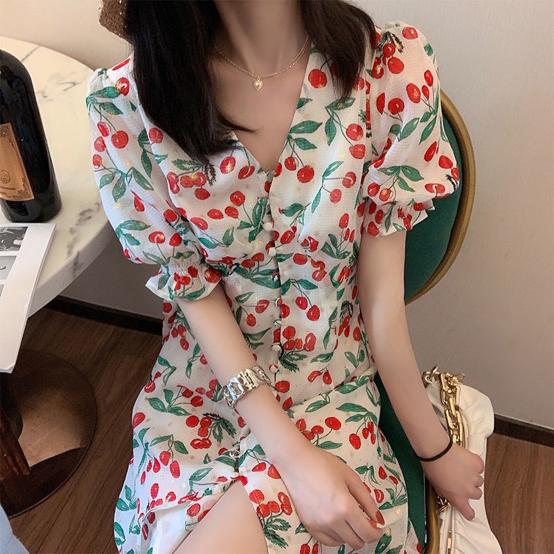 Đầm Maxi Chiffon Tay Phồng Họa Tiết Hoa Phong Cách Pháp Ngọt Ngào Cho Nữ