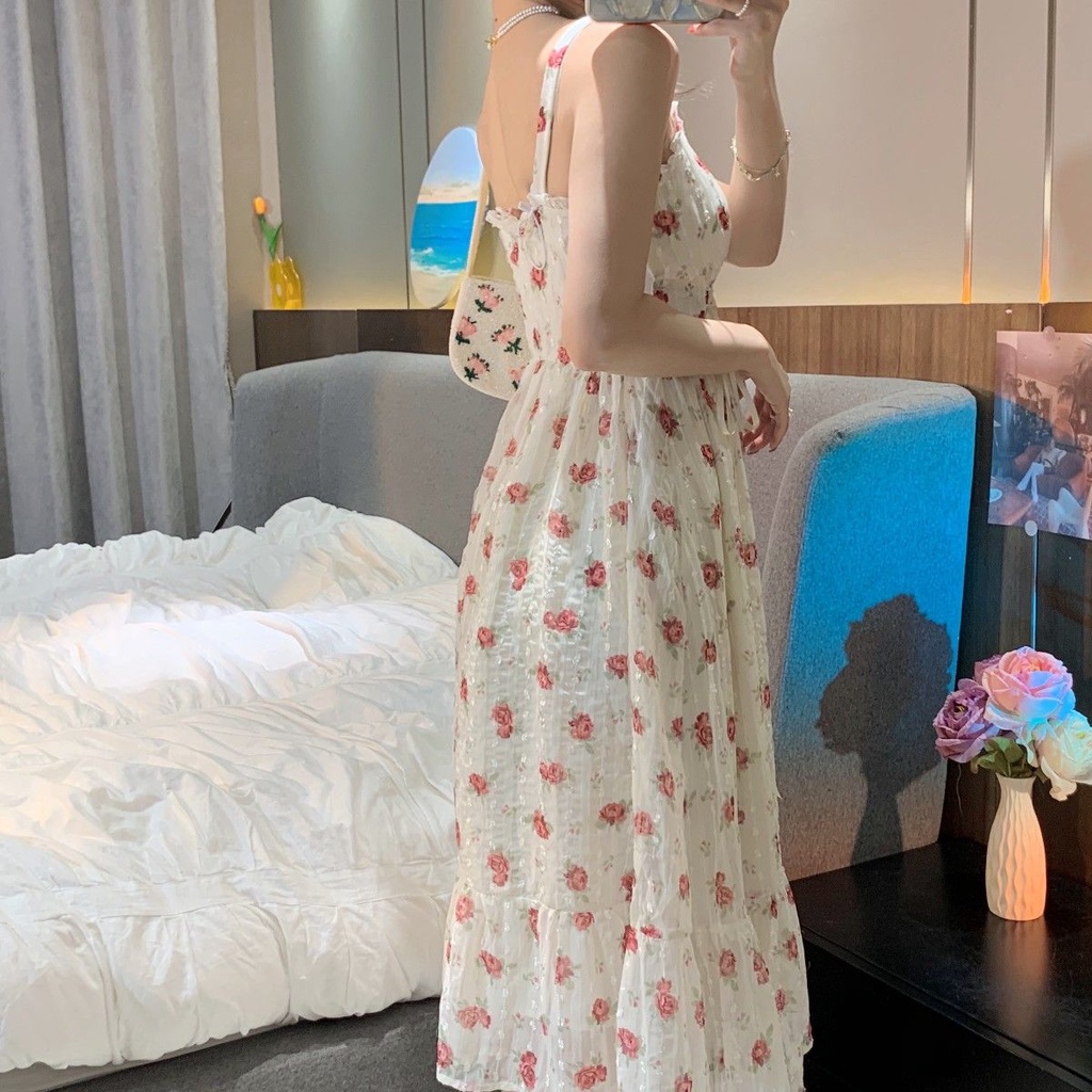 Đầm Chiffon Dệt Kim Lụa Lạnh Dệt Kim Cột Dây Họa Tiết Hoa Thời Trang Mùa Hè Hàng Mới