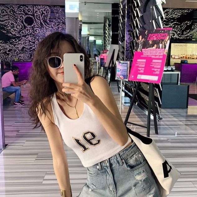 Áo 2 dây cotton in chữ ôm dáng phong cách Hàn Quốc thời trang xuân hè phong cách thể thao