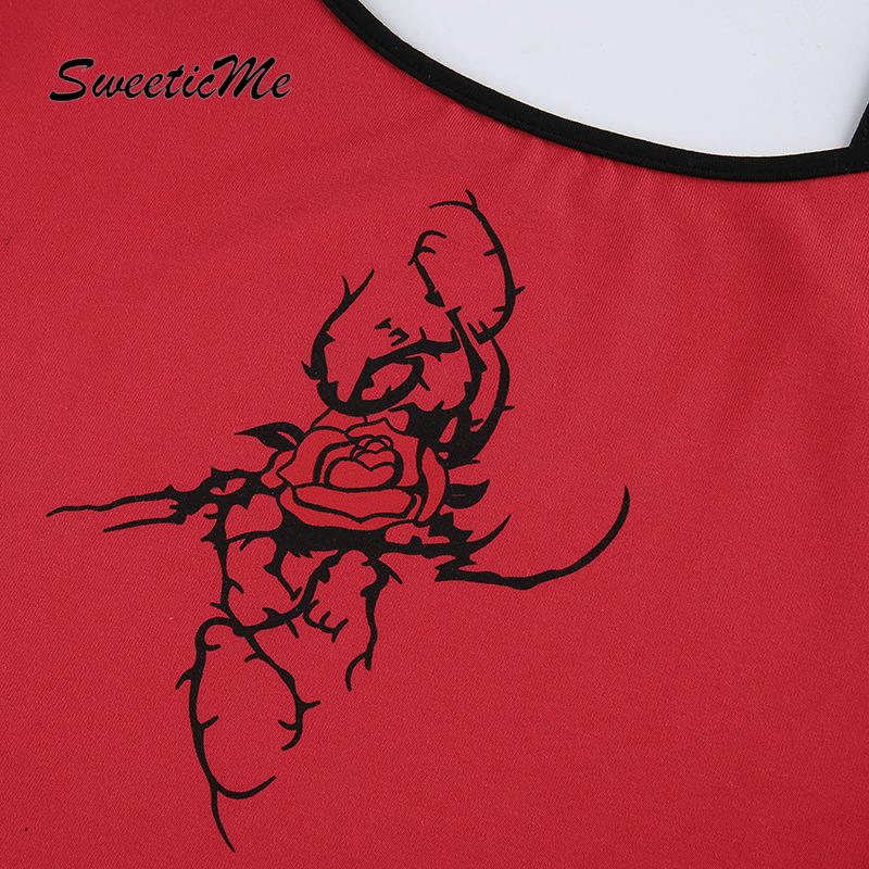 SweeticMe Women's 2021 New Rose Print Contras Bow Sexy Slim Vest | BigBuy360 - bigbuy360.vn