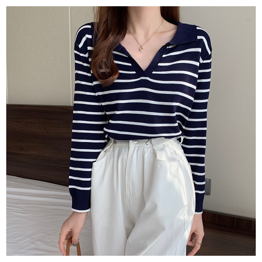 Áo len nữ cổ chữ V dài tay kẻ ngang phong cách Hàn Quốc đẹp | BigBuy360 - bigbuy360.vn