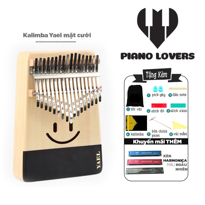 Đàn Kalimba 17 phím Gỗ Mahogany Yael Mặt Cười Tặng Kèm Harmonica 24 Lỗ Màu Ngẫu Nhiên - HÀNG CÓ SẴN