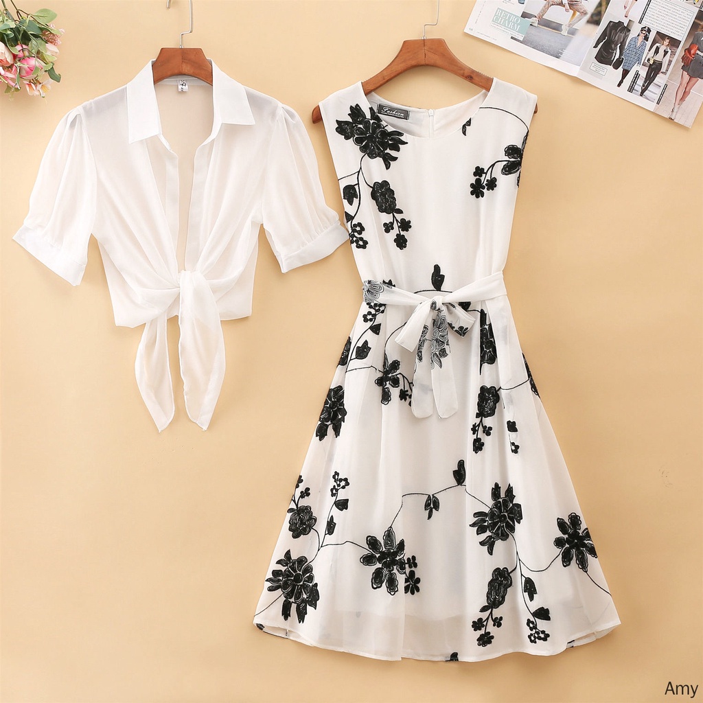 AMOI bộ Đầm Hai Mảnh / Bộ Áo Không Tay Dáng Chữ A Eo Cao Màu Đen Phong Cách retro UH6F