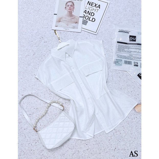 ✨SƠ MI TRĂNG✨Áo sơmi Gu túi trước tay hến