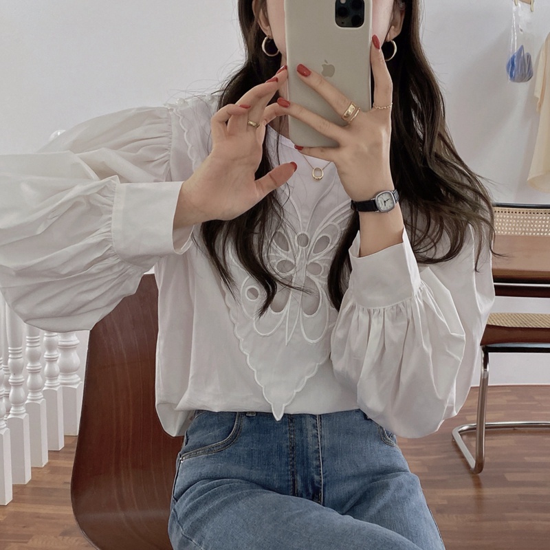 Áo sơ mi trắng kiểu cổ ren tay bồng tiểu thư phong cách Hàn Quốc ulzzang