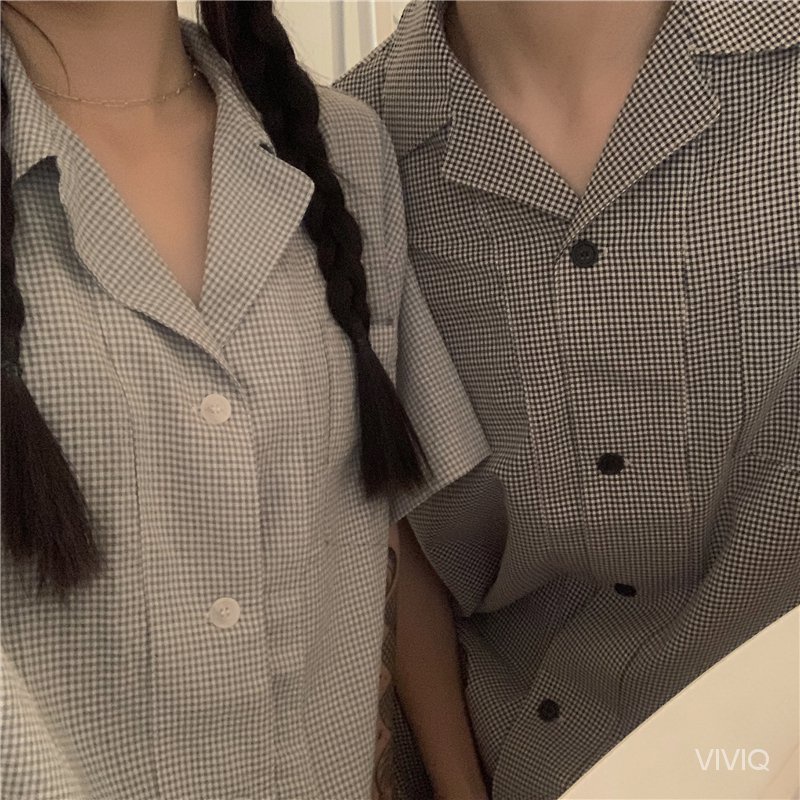 [Spot]  Korean Style Plaid Homewear Suit Short Sleeve Shirt Top Shorts Pants Women's Summer Couple Pajamas Two-Piece Suit  ✨VIVIQ