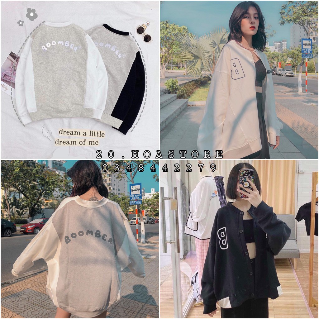 ÁO KHOÁC NỈ BÔNG CARDIGAN BOOMBER PHẢN QUANG UNISEX - ÁO KHOÁC NỈ RAGLAN TRẮNG PHỐI ĐEN XÁM CÚC CÀI IN CHỮ B