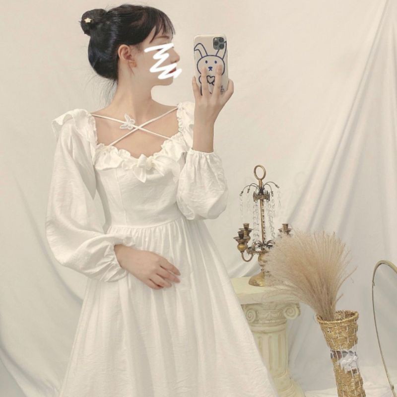 (ORDER) Váy trắng xòe dài bồng bềnh công chúa cổ tích cổ vuông cộc tay dây đan chéo