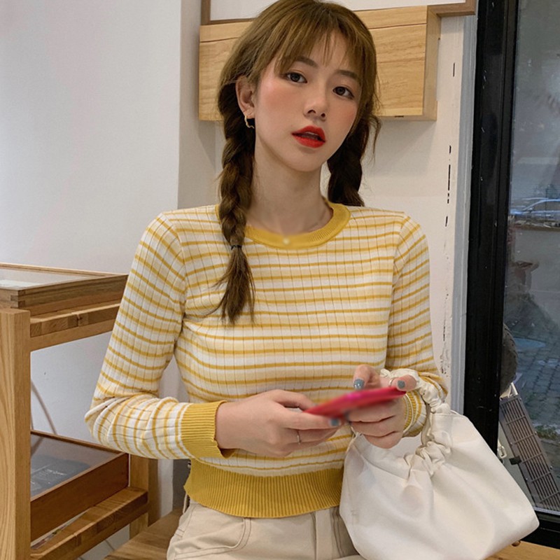 Áo Sweater Dệt Kim Tay Dài Hoạ Tiết Kẻ Sọc Màu Tương Phản Cho Nữ | BigBuy360 - bigbuy360.vn