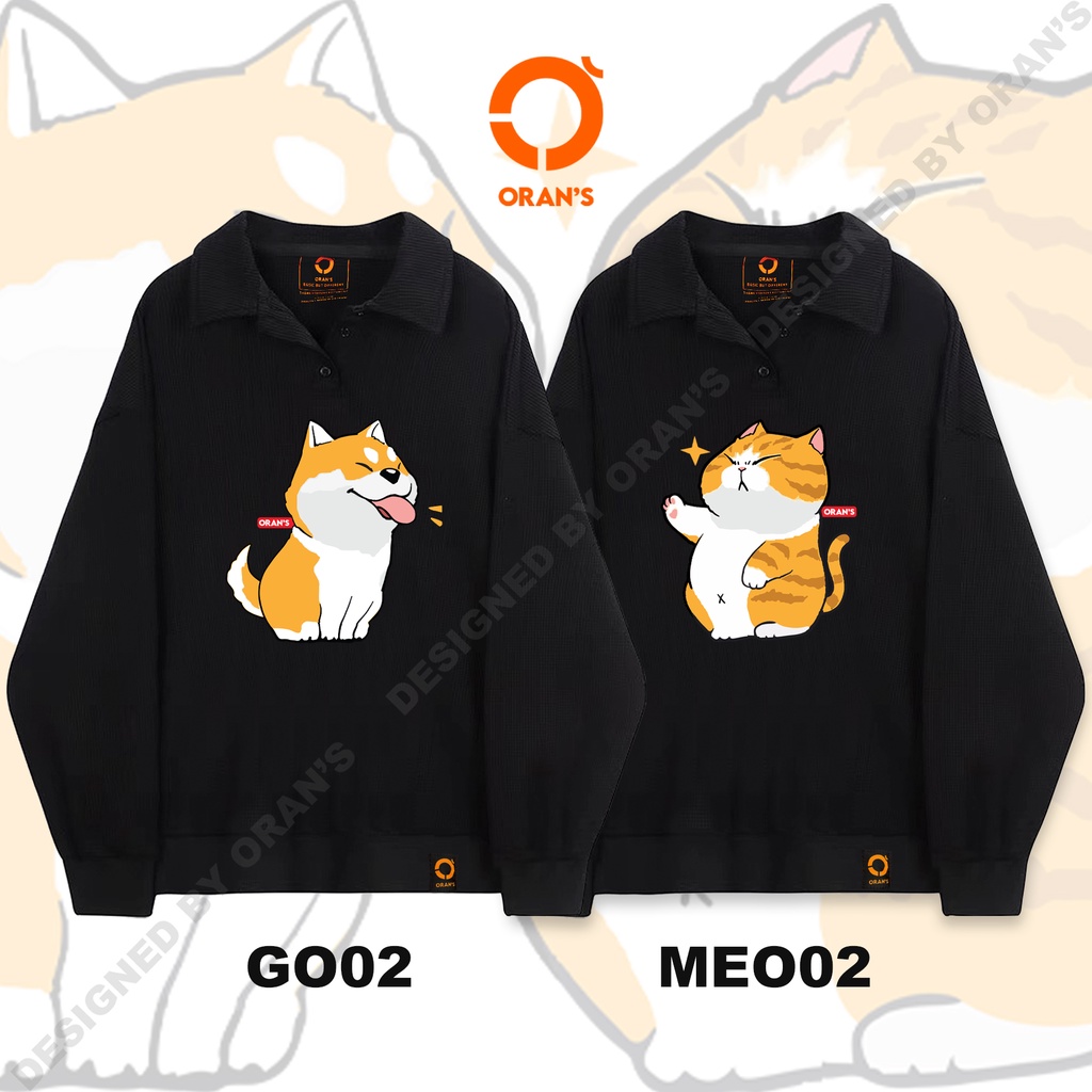 Áo Sweater Polo dài tay in hình chó mèo 02 chất nỉ cotton da cá cao cấp form rộng unisex - ORAN'S SWEATER POLO