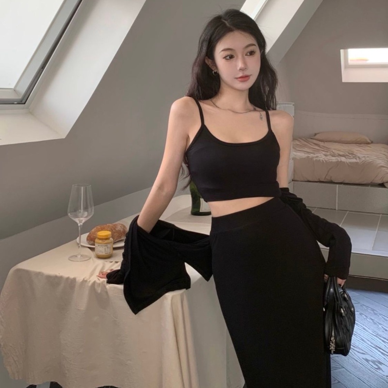 COZOK Set Áo Khoác Không Tay + Áo cardigan + Chân Váy Lưng Cao Xinh Xắn Thời Trang