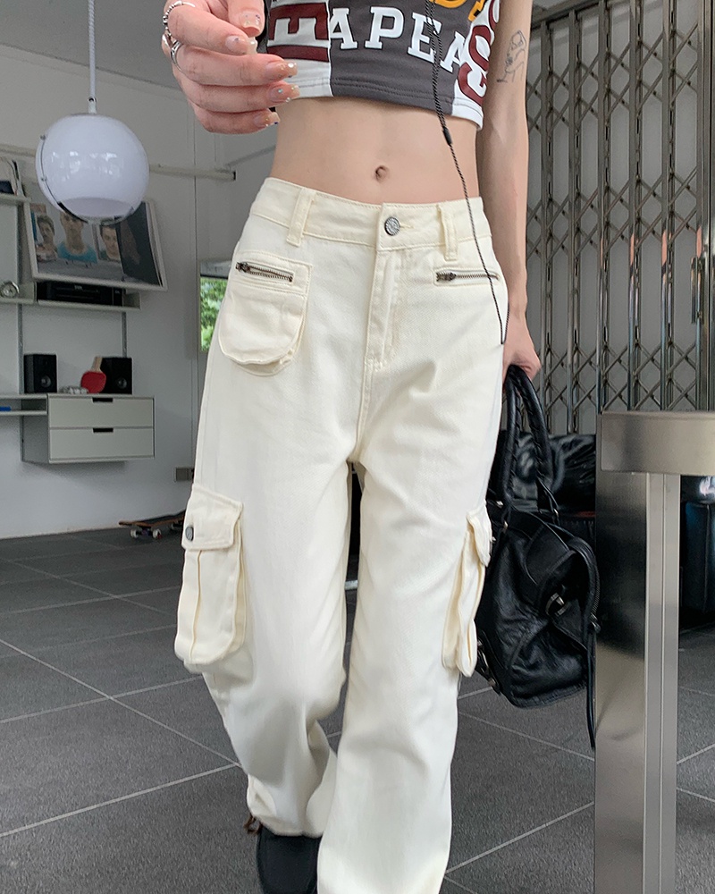 Quần jean Peppermint 52741 lưng cao ống suông phối nhiều túi phong cách thời trang retro Mỹ