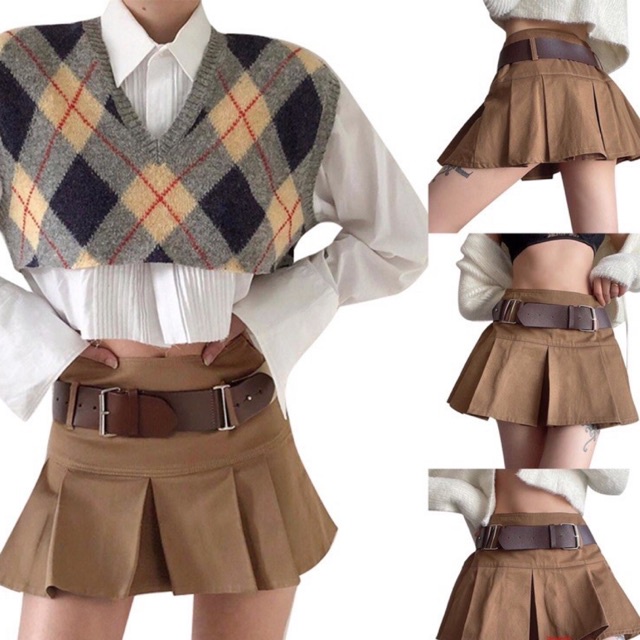 Chân váy xếp ly dáng xòe kèm belt cực Tây