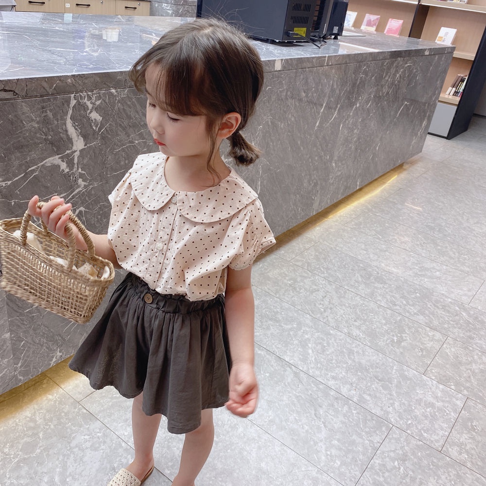 Set Áo Cổ Búp Bê Họa Tiết Chấm Bi Và Chân Váy Ngắn Vải Cotton Dễ Thương Thời Trang Mùa Hè Cho Bé Gái 0512