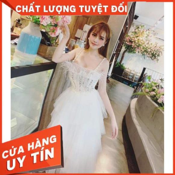 Đầm dự tiệc công chúa 2 dây kết cườm phối lông tua rua - size M/L (kèm ảnh/video thật) MS162V