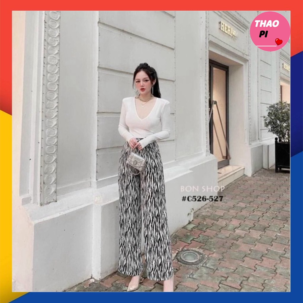 Set áo cổ tim tay dài quần hoạ tiết rằn cực đẹp