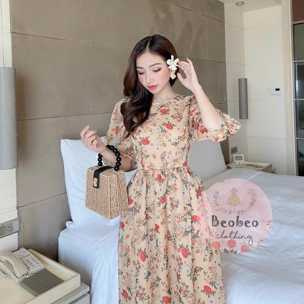 Đầm midi voan hoa nhí tay phồng thắt nơ vintage